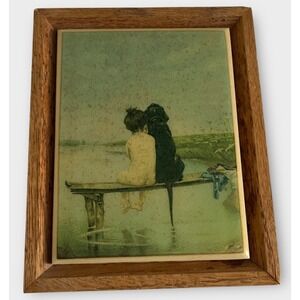 Kimberly Enterprises Vintage Ceramic Tile Art Oak Framed Child Dog Dock Rare